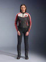 Alpinestars Stella T-Dyno WR Jacket, Women's Textile Motorcycle Jacket, Black Ecru and Bright Red, worn by model with black pants and boots, featuring vintage-inspired design with red Alpinestars logo and contrast panels.