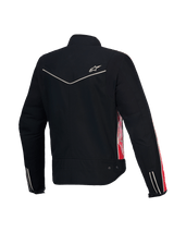 Alpinestars Stella T-Dyno Water Resistant Jacket, women's textile motorcycle jacket, rear view in black with bright red and fuchsia highlights, CE certified, vintage biker fit
