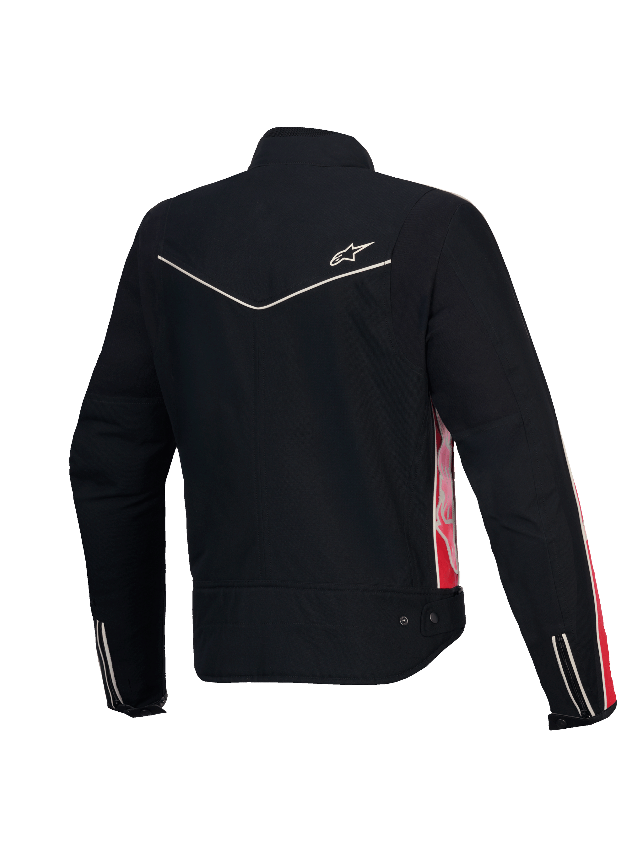 Alpinestars Stella T-Dyno Water Resistant Jacket, women's textile motorcycle jacket, rear view in black with bright red and fuchsia highlights, CE certified, vintage biker fit