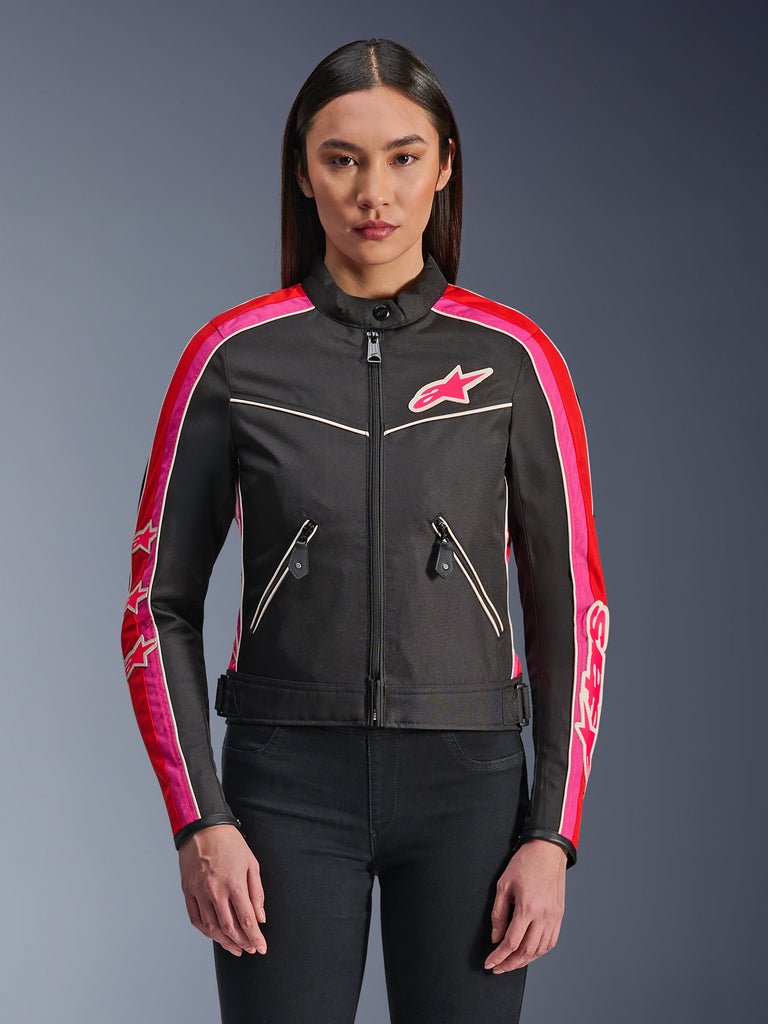 Alpinestars Stella T-Dyno WR Jacket, Women's Textile Motorcycle Jacket, Black with Bright Red and Fuchsia accents, featuring fuchsia stripes and star logos on the sleeves and chest, zippered pockets, and a vintage-inspired biker fit