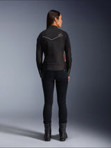 Female model from behind wearing Alpinestars Stella T-Dyno WR Jacket in Black Bright Red Fuchsia, textile motorcycle jacket with a shorter biker fit, rear view showing white star logo, styled with black pants and black boots