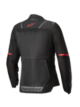 Alpinestars Stella ST-2 Air Jacket, women's motorcycle touring jacket, back view in Black with red accents and reflective details, CE Level AA certified mesh textile construction