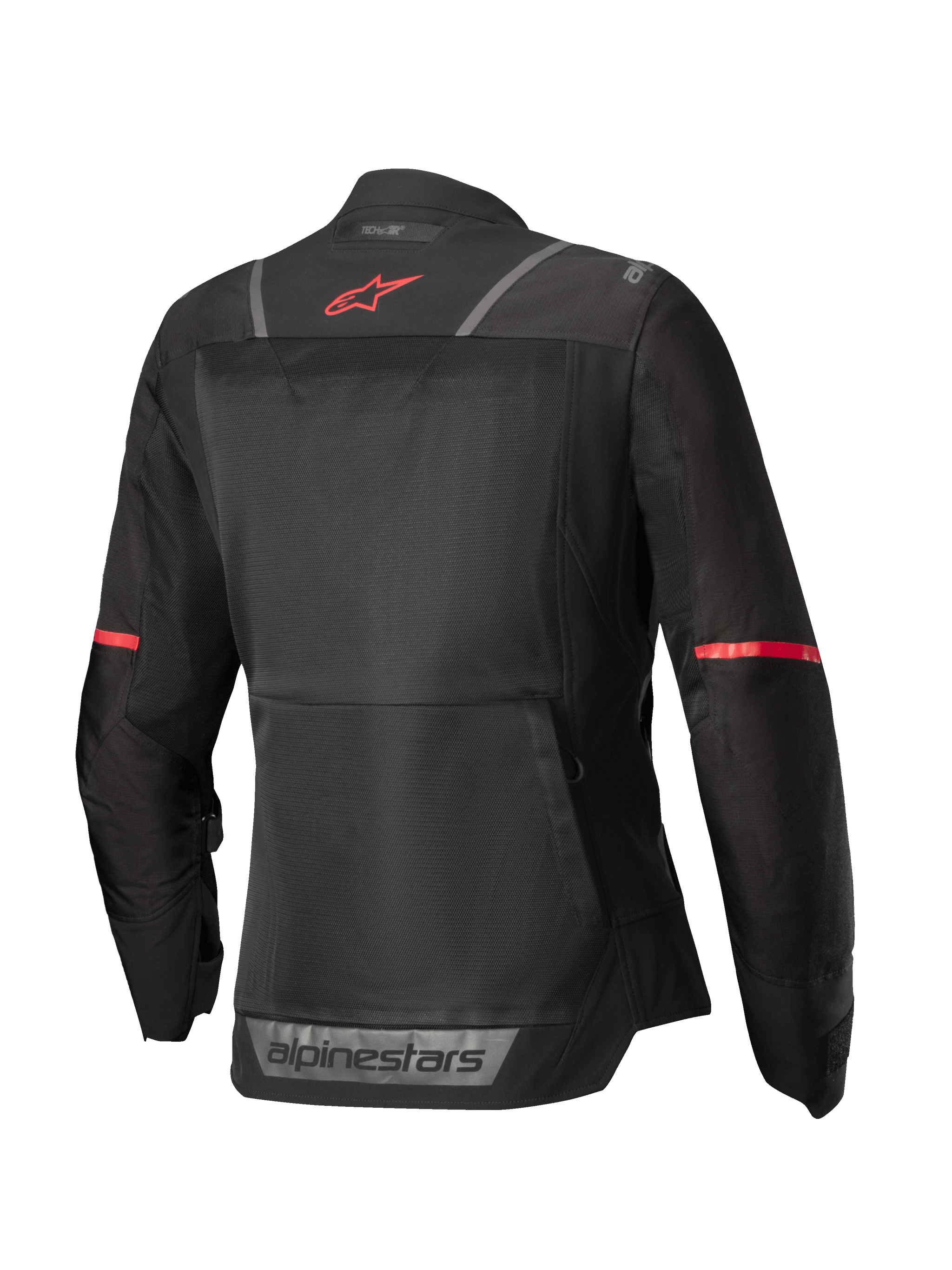 Alpinestars Stella ST-2 Air Jacket, women's motorcycle touring jacket, back view in Black with red accents and reflective details, CE Level AA certified mesh textile construction