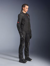 Female model wearing the Alpinestars Stella ST-2 Air Jacket in Black, paired with matching black motorcycle pants, gloves, and boots, featuring mesh ventilation panels and subtle red details, sleek modern touring outfit