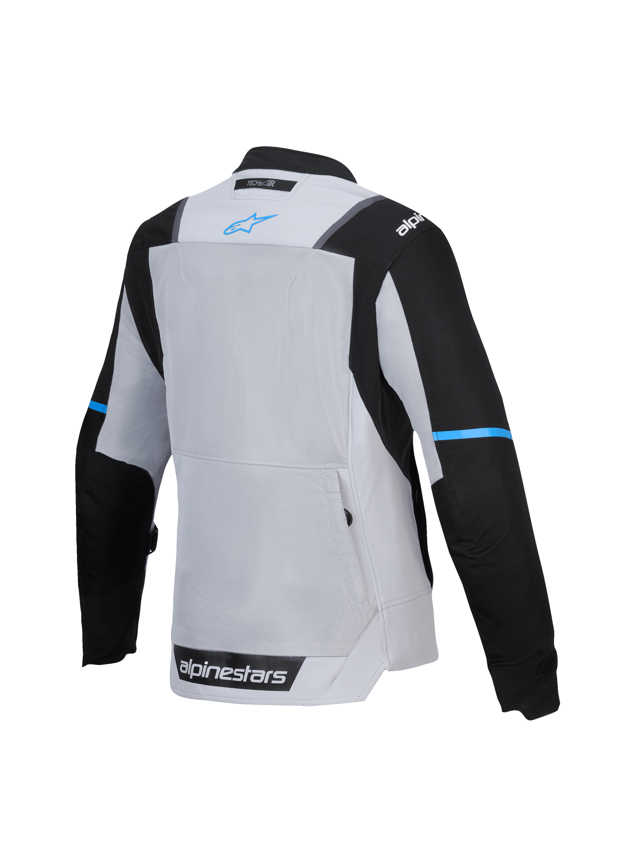 Alpinestars Stella ST-2 Air Jacket, women's textile motorcycle touring jacket, rear view showcasing mesh ventilation panel and back pocket, Ice Gray and Black with blue branding, CE certified level AA, Tech-Air ready