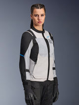 Alpinestars Stella ST-2 Air Jacket, Women's Motorcycle Jacket, Ice Gray and Black, Large mesh ventilation panels and laser-cut perforations, "Alpinestars Exploration Equipment" branding on chest, Technical summer riding gear