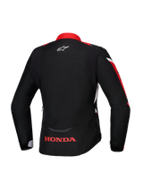 Alpinestars Honda Stella T-Jaws V4 WP Jacket, Rear view, Black with Bright Red and White accents, featuring red Honda logo on the lower back and white Alpinestars logo on the neck, women's sport fit waterproof textile jacket
