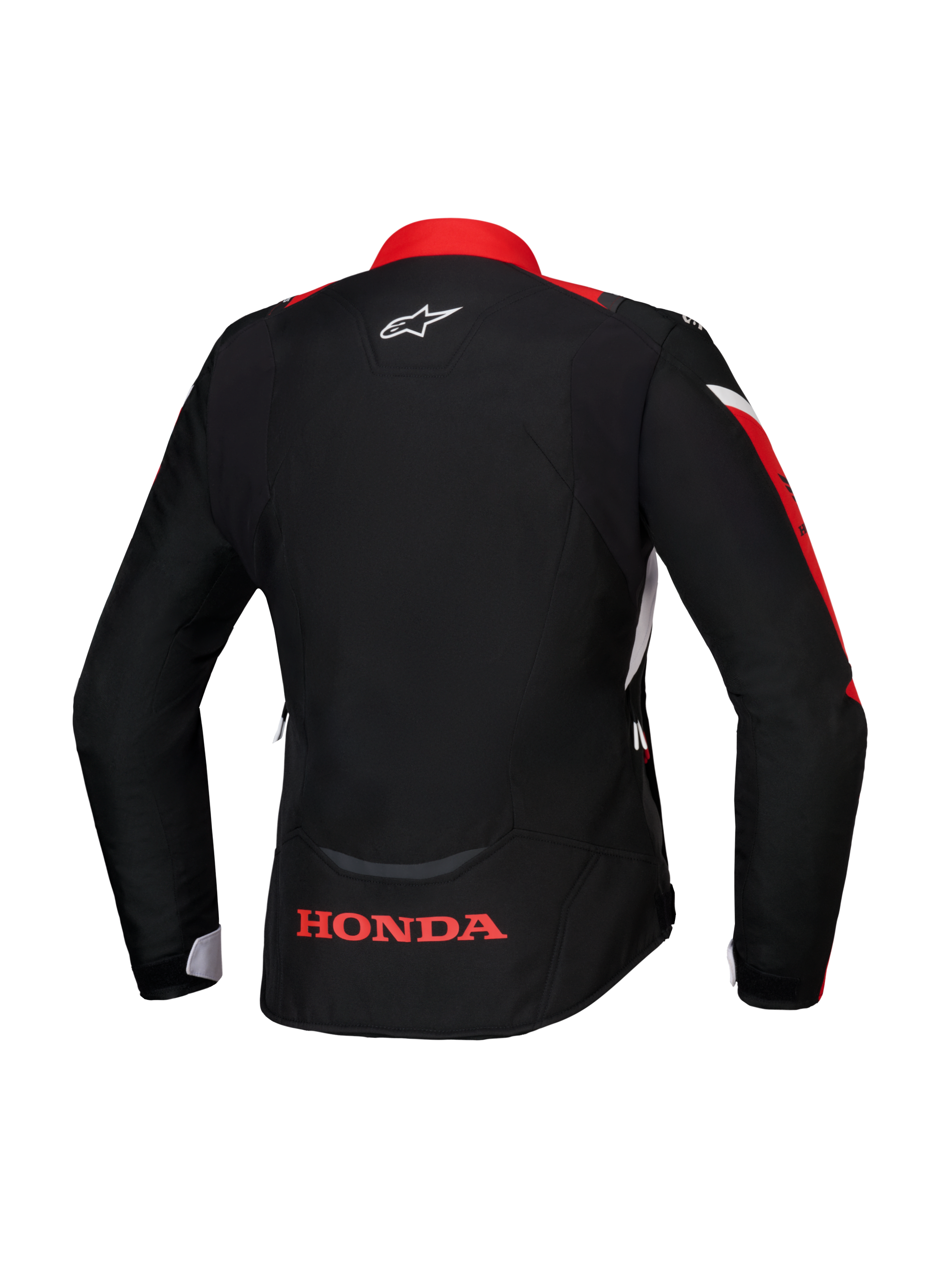 Alpinestars Honda Stella T-Jaws V4 WP Jacket, Rear view, Black with Bright Red and White accents, featuring red Honda logo on the lower back and white Alpinestars logo on the neck, women's sport fit waterproof textile jacket