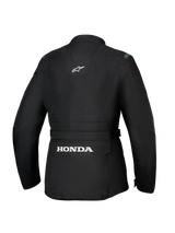 Alpinestars Honda Stella ST-1 WP Jacket, Women's Waterproof Motorcycle Jacket, Black, Rear view showing large white Honda logo on the lower back cargo pocket, Alpinestars logo on upper back, technical textile construction with adventure touring silhouette and red stitching details.