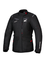 Honda Stella ST-1 WP Jacket, Women's Waterproof Touring Jacket, Black with red accents and white Honda logos, high collar, front zipper, expandable cargo pockets, durable textile adventure gear