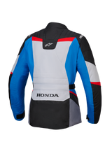 Alpinestars Honda Woman Stella ST-1 WP Jacket, back view, adventure touring motorcycle jacket in blue, ice gray, and black with red accents, featuring HONDA branding on the lower back and Alpinestars logos on the shoulders and upper back.