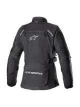Alpinestars Women Stella Bogota' Pro Drystar® Jacket, Black, Rear view of textile adventure touring jacket featuring a large white Astar logo, lower back storage pocket with branding, and reflective shoulder accents