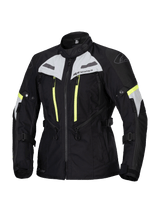 Alpinestars Stella Bogota Pro Drystar Jacket, Women's Motorcycle Touring Jacket, Black with Ice Gray and Yellow Fluo accents, waterproof and breathable textile construction, featuring extensive ventilation zippers and adjustable straps for adventure riding