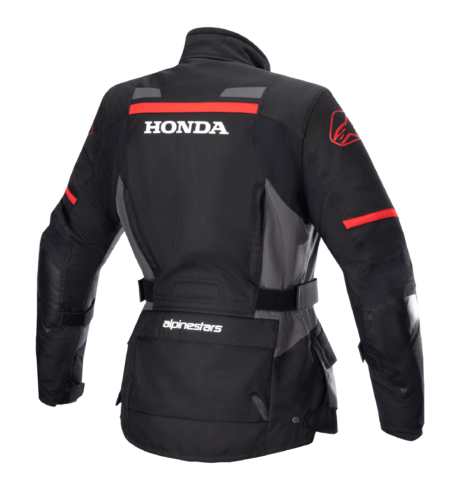 Alpinestars Women Stella Honda Andes V3 Drystar® Jacket, Motorcycle Adventure Jacket, Black Tar Gray and Bright Red, Rear view featuring bold white HONDA logo and red Alpinestars graphics, waterproof textile construction with adjustable waist and utility pockets