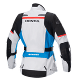Alpinestars Women Stella Honda Andes V3 Drystar® Jacket, Rear view, Ice Gray with Blue and Bright Red accents, bold black HONDA branding on the back, Alpinestars logo on shoulder and lower back, adjustable waist belt, adventure touring textile motorcycle jacket