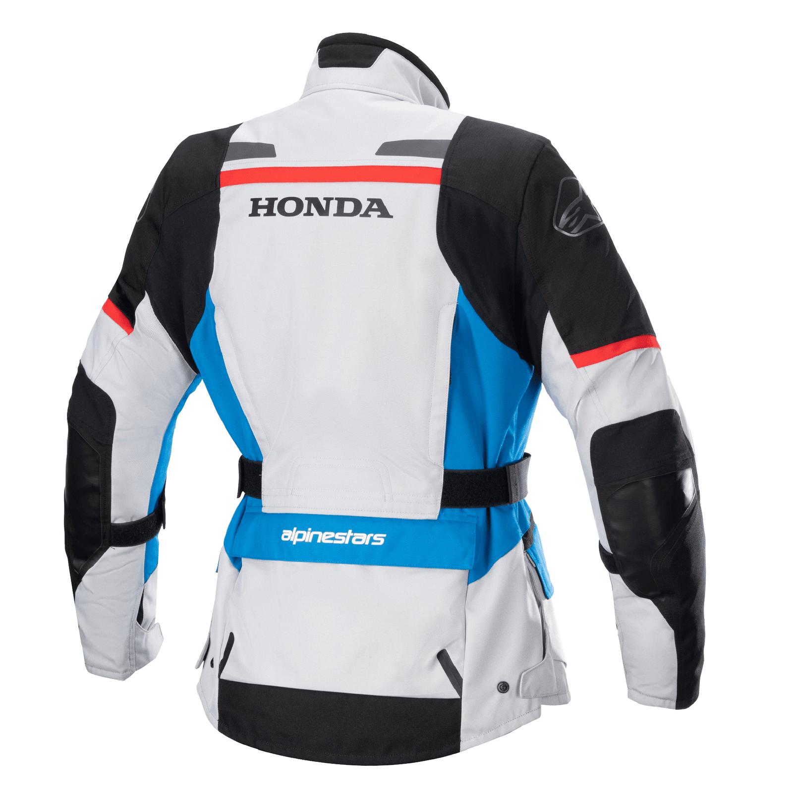 Alpinestars Women Stella Honda Andes V3 Drystar® Jacket, Rear view, Ice Gray with Blue and Bright Red accents, bold black HONDA branding on the back, Alpinestars logo on shoulder and lower back, adjustable waist belt, adventure touring textile motorcycle jacket