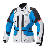 Alpinestars Women's Stella Honda Andes V3 Drystar Jacket, Motorcycle Touring Jacket, Ice Gray Blue and Bright Red, textile waterproof construction featuring Honda wing logo, zippered vents, and adjustable waist straps