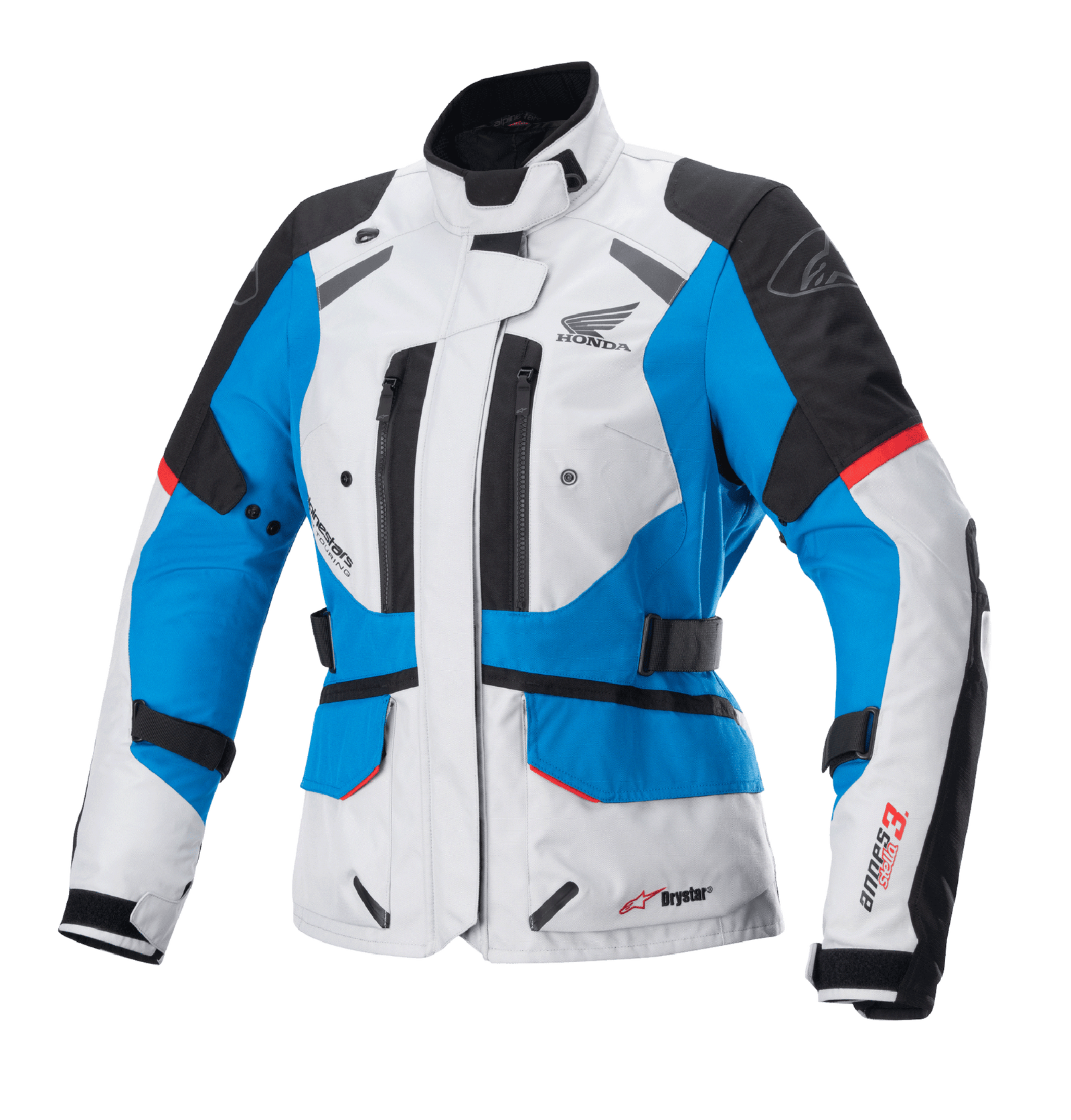 Alpinestars Women's Stella Honda Andes V3 Drystar Jacket, Motorcycle Touring Jacket, Ice Gray Blue and Bright Red, textile waterproof construction featuring Honda wing logo, zippered vents, and adjustable waist straps