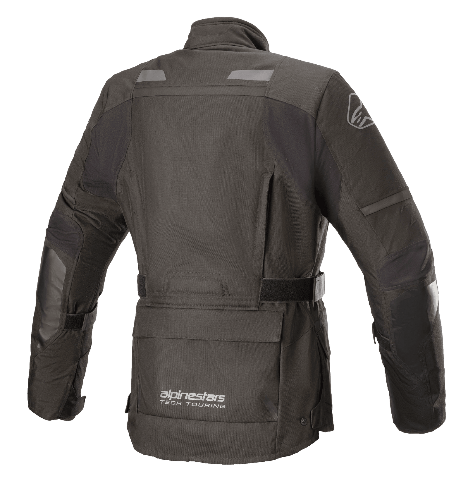Alpinestars Women Stella Andes V3 Drystar® Jacket, Black and Dark Gray, rear view featuring waterproof textile construction, large utility pocket on the lower back, adjustable waist strap, and reflective safety accents.