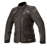 Alpinestars Women Stella Andes V3 Drystar Jacket, Black Dark Gray, Adventure Touring Motorcycle Jacket, Waterproof textile construction, featuring multiple cargo and chest pockets, adjustable waist belt, high collar, and reflective details for all-weather protection