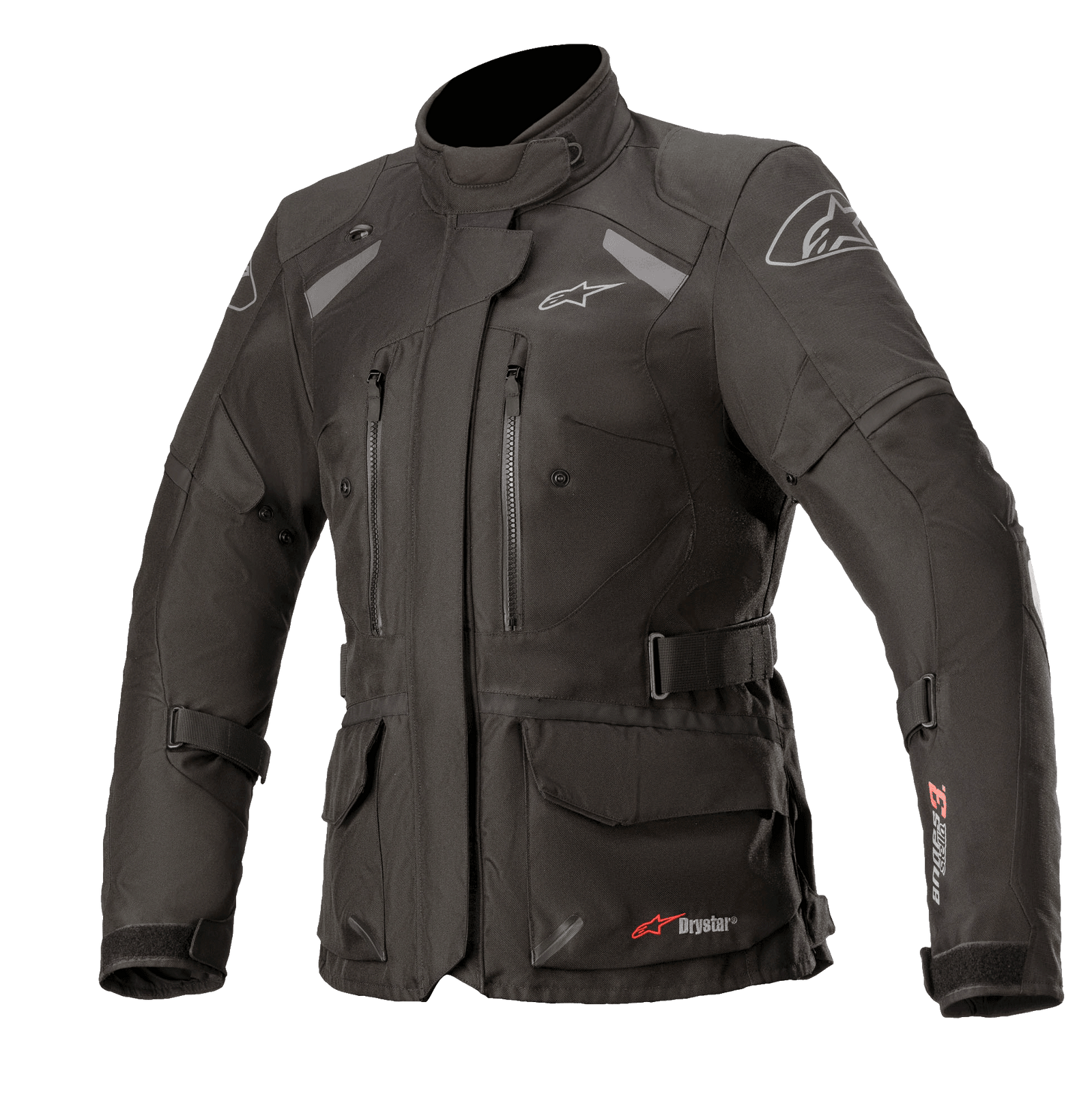 Alpinestars Women Stella Andes V3 Drystar Jacket, Black Dark Gray, Adventure Touring Motorcycle Jacket, Waterproof textile construction, featuring multiple cargo and chest pockets, adjustable waist belt, high collar, and reflective details for all-weather protection