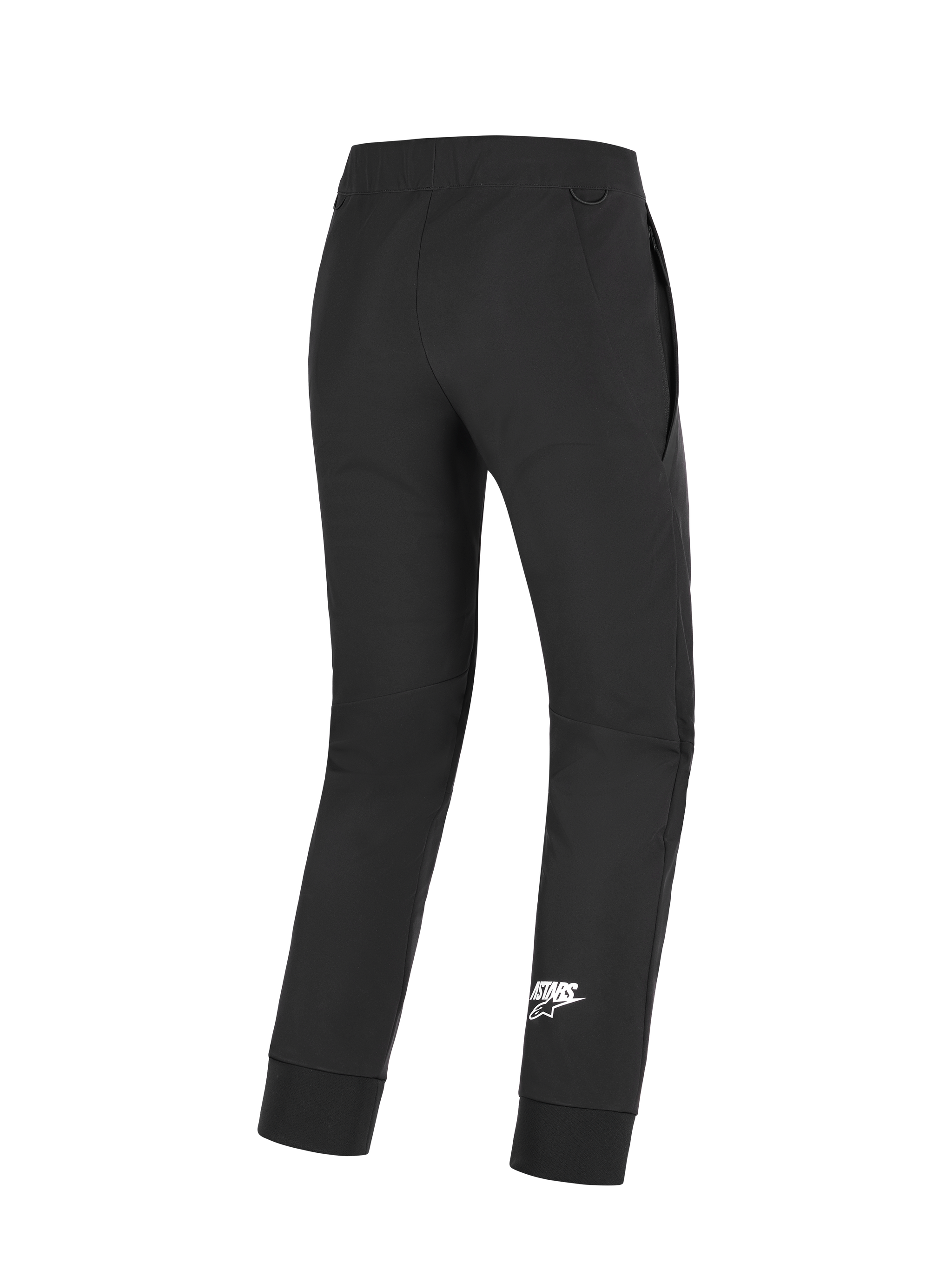 Alpinestars Aeroshell Pants, Motorcycle Pants, Black, rear view showing white Astars logo on lower leg, featuring stretch softshell fabric, pre-curved knees, and elastic cuffs