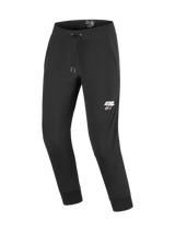 Alpinestars Aeroshell Pants, Motorcycle Softshell Pants, Black with white ASTARS logo on the left thigh, featuring an elastic drawstring waist and ribbed ankle cuffs, designed for urban and casual touring riders