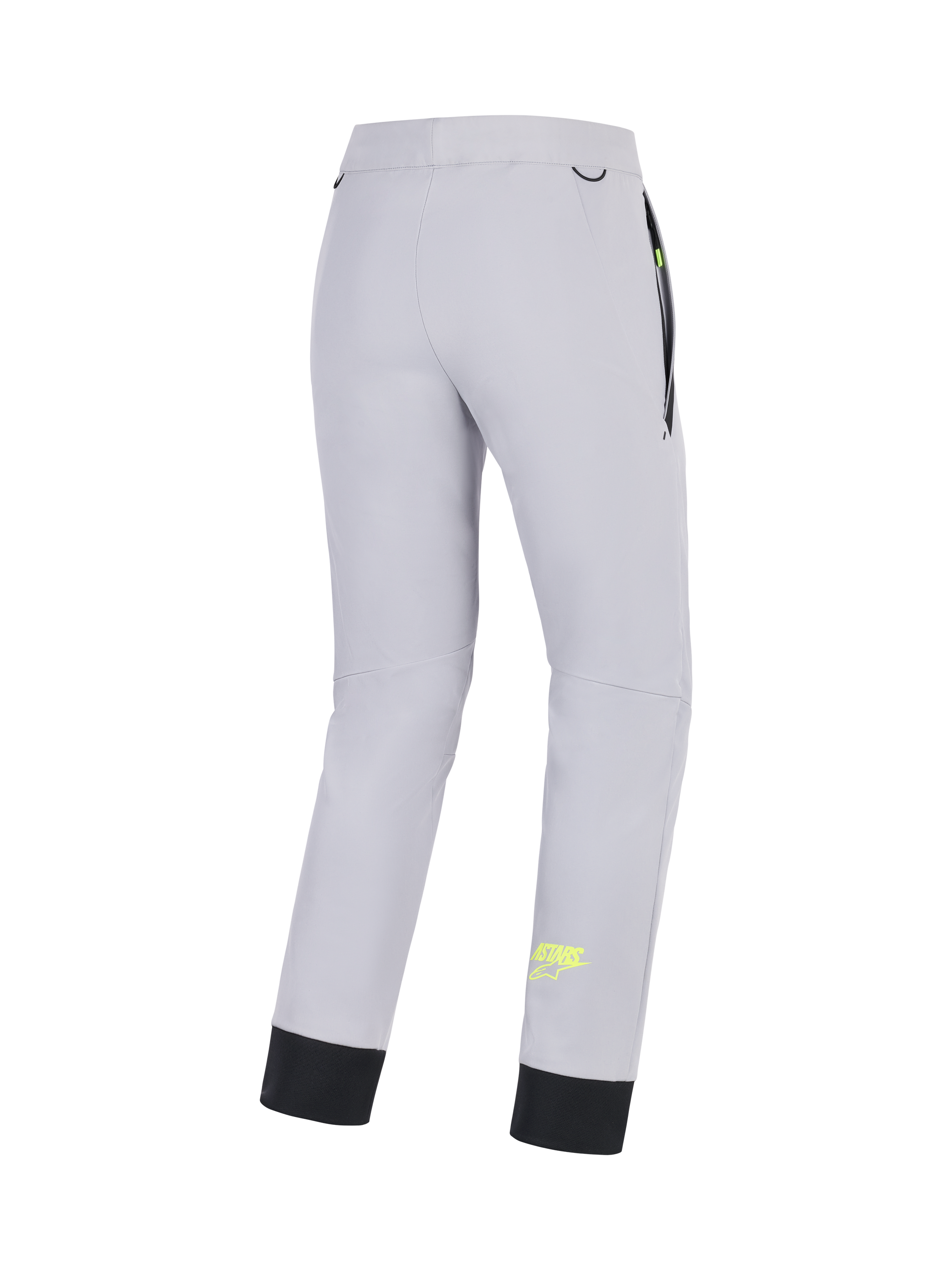 Alpinestars Aeroshell Pants, CE certified crossover motorcycle softshell pants for men, Mid Gray with Yellow Fluo accents, rear view showing stretch construction, elastic lower hem, and pocket details