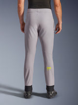 Alpinestars Aeroshell Pants, Motorcycle Pants, Mid Gray and Yellow Fluo, back view showing yellow Astars logo on the calf, black elastic ankle cuffs, modern softshell textile design for road and casual riding.