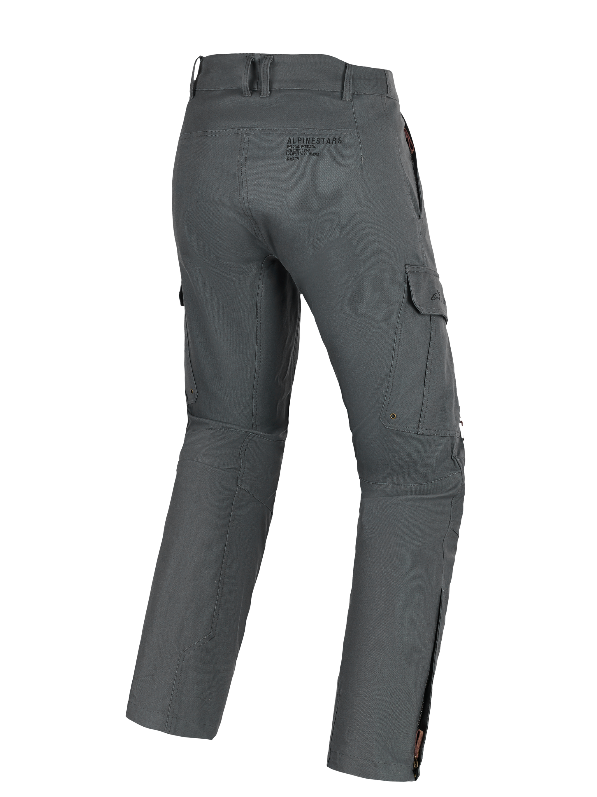 Alpinestars Borrego Drystar® Pants, Adventure Motorcycle Pants, Gray Anthracite, back view showing cargo pockets, rear branding, and calf zippers, durable textile material with a waxed-canvas appearance