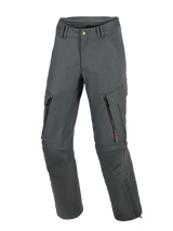 Alpinestars Borrego Drystar® Pants, Motorcycle Adventure Pants, Anthracite Gray, featuring a waxed-canvas appearance with zippered thigh vents and cargo pockets, durable textile construction with reinforced knee panels