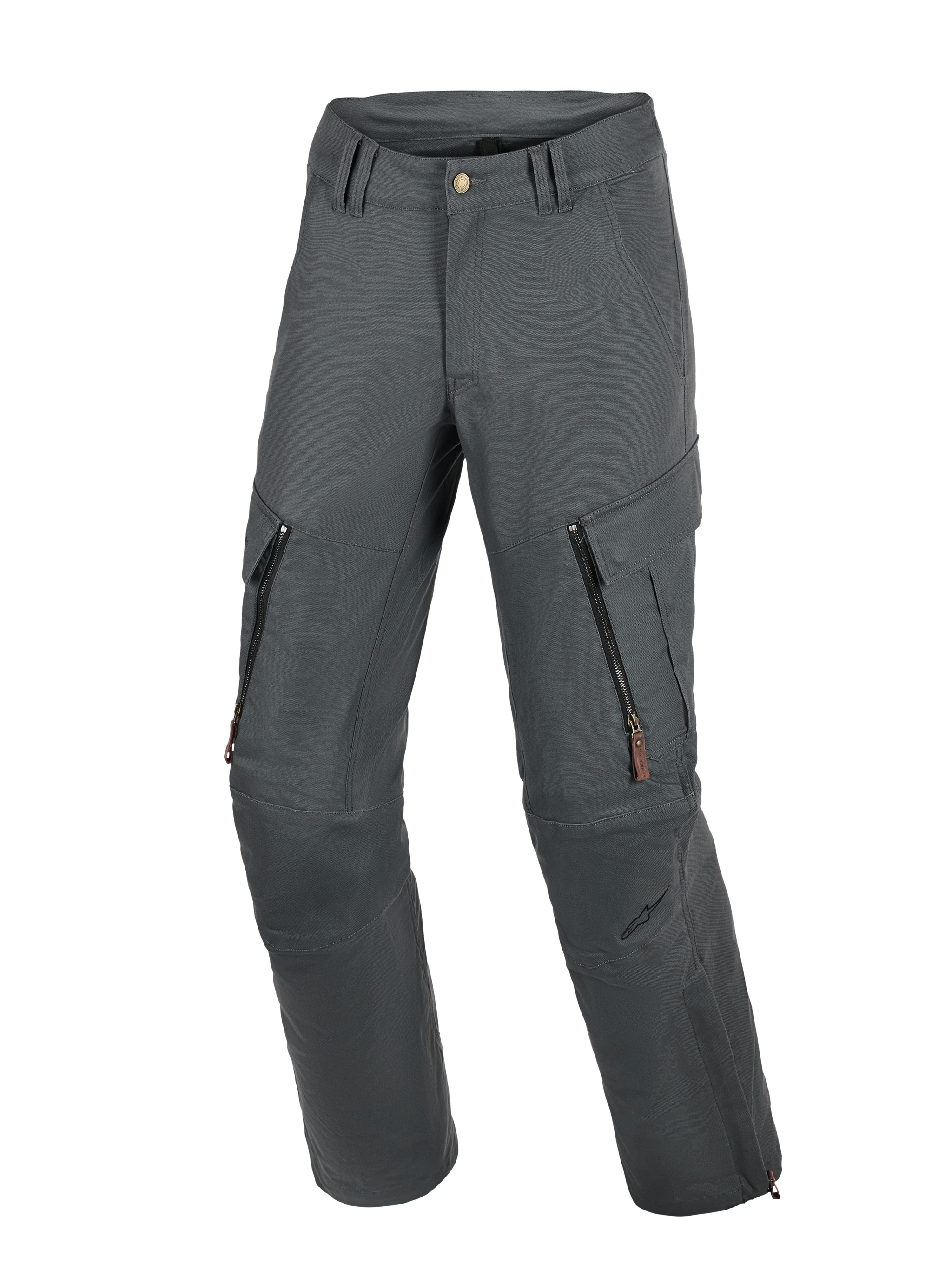 Alpinestars Borrego Drystar® Pants, Motorcycle Adventure Pants, Anthracite Gray, featuring a waxed-canvas appearance with zippered thigh vents and cargo pockets, durable textile construction with reinforced knee panels