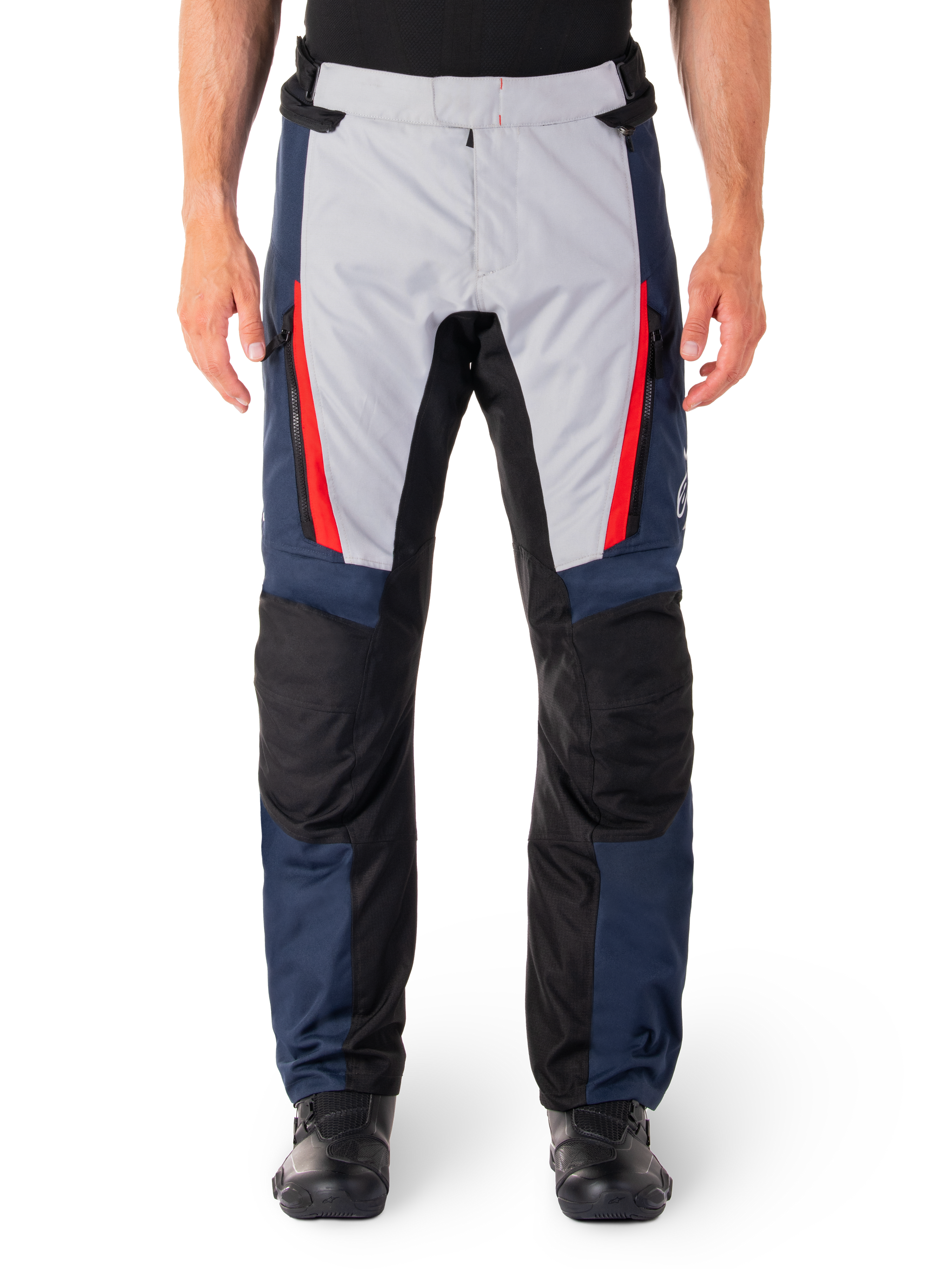 Alpinestars ST-1 Waterproof Pants, Motorcycle Touring Pants, Dark Blue and Light Gray with Bright Red Accents, Black Reinforced Knee Panels, Front View Worn with Black Boots, Waterproof Adventure Touring Gear