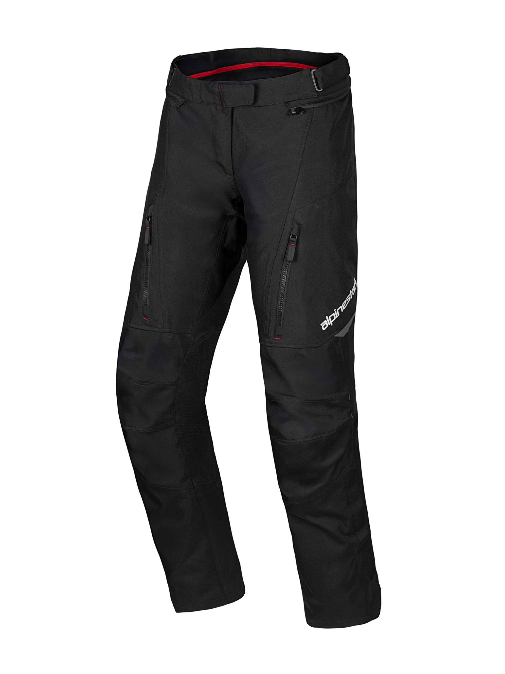 Alpinestars Honda ST-1 Waterproof Pants, Motorcycle Touring Pants, Black with red interior detail, zippered cargo pockets on thighs, ergonomic pre-curved legs with reinforced knees, textile waterproof adventure gear