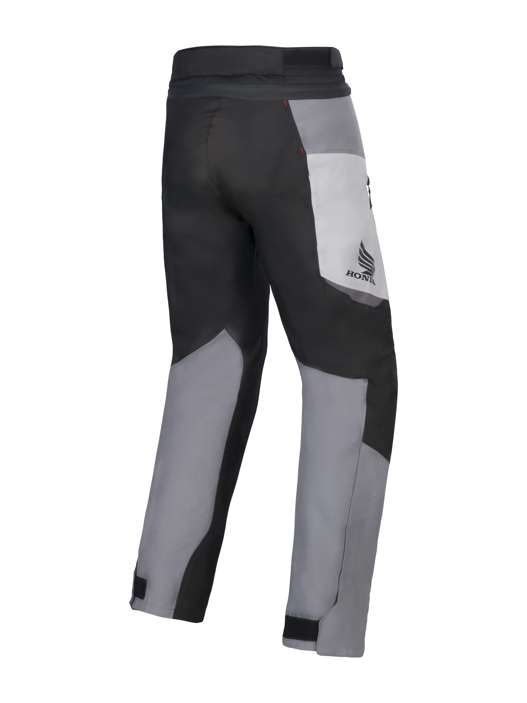 Alpinestars Honda St-1 Waterproof Pants, Motorcycle Touring Pants, Ice Gray, Dark Gray, and Black, rear view showing multi-panel textile design, Honda logo on the thigh, and adjustable ankle closures for all-weather riding.