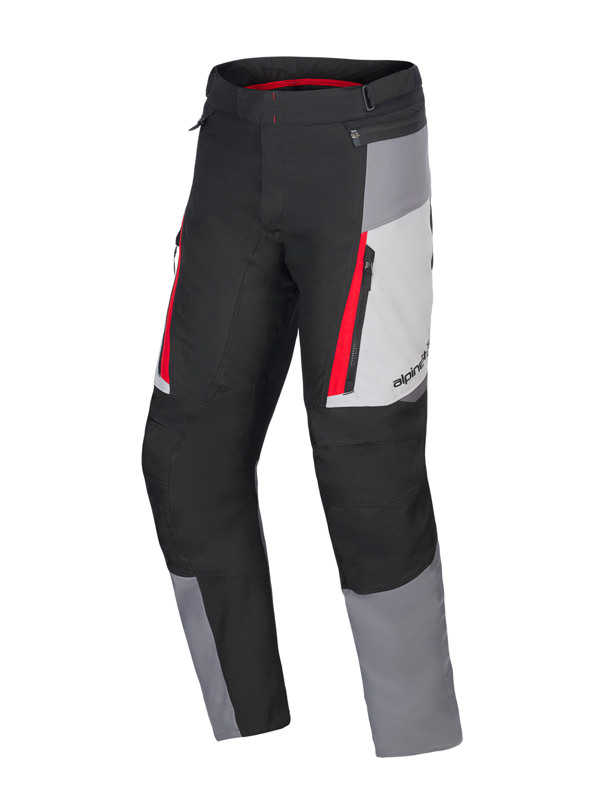 Alpinestars Honda ST-1 Waterproof Pants, Motorcycle Touring Pants, Ice Gray, Dark Gray and Black with Red Accents, technical textile construction with waterproof liner, zippered cargo pockets, and ergonomic pre-curved legs
