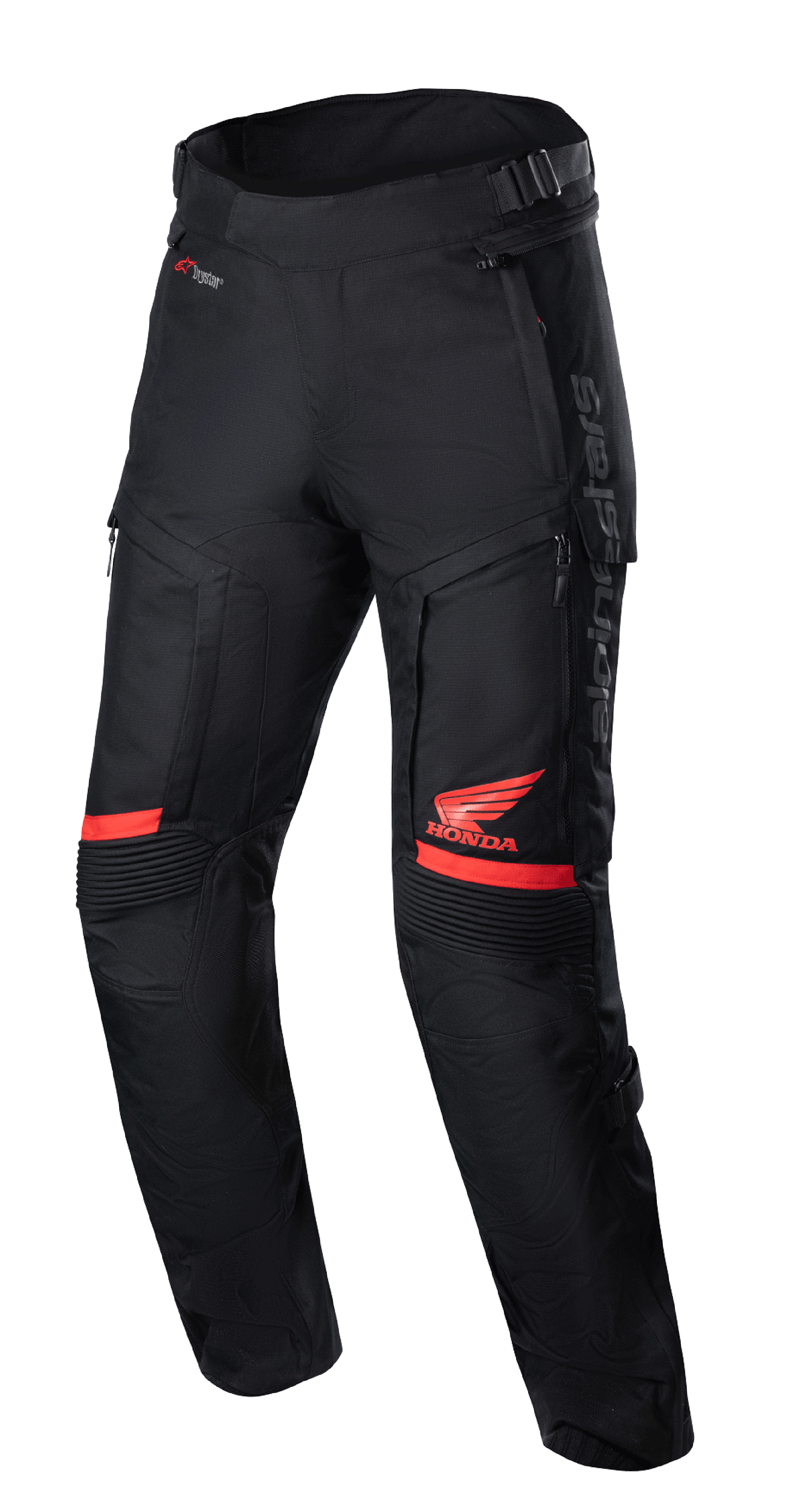 Honda Bogota' Pro Drystar® Pants, Motorcycle Touring Pants, Black and Red, featuring red Honda Wing logo on the thigh, accordion stretch panels at the knees, technical textile construction, adjustable waist straps, and Alpinestars branding