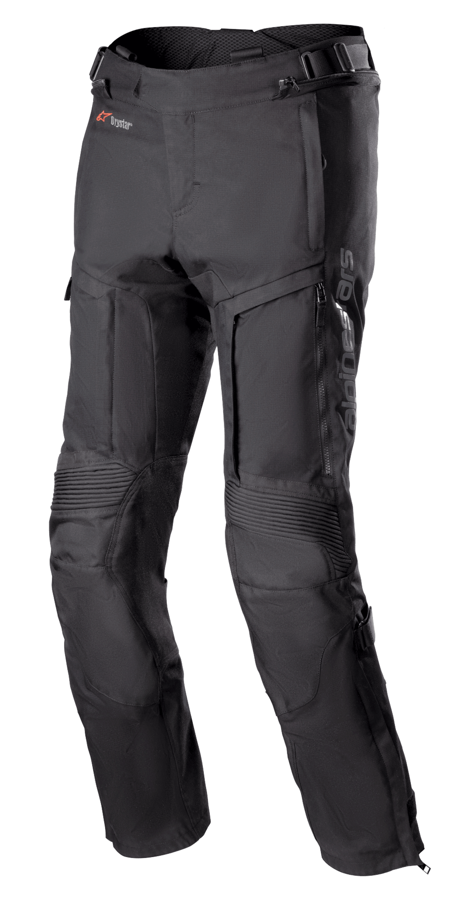 Alpinestars Bogota Pro Drystar 3 Seasons Pants, Black Motorcycle Touring Pants, featuring zippered ventilation on thighs, accordion stretch panels at knees, adjustable waist straps, and durable textile fabric with Drystar branding.