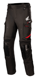 Alpinestars Honda Andes V3 Drystar® Pants, Men's Black Waterproof Textile Motorcycle Touring Gear with red accents.