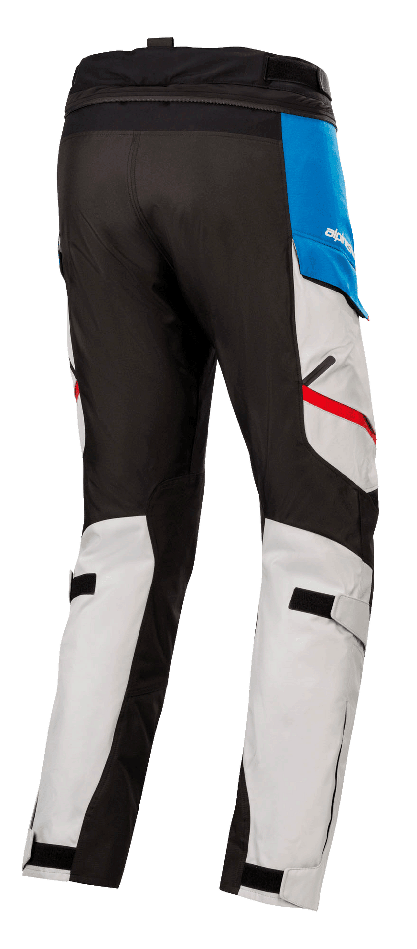 Alpinestars Honda Andes V3 Drystar® Pants, Textile Motorcycle Pants, Ice Gray with Blue and Bright Red accents, rear view showing black reinforced panels, adjustable calf straps, and waist connection zipper.