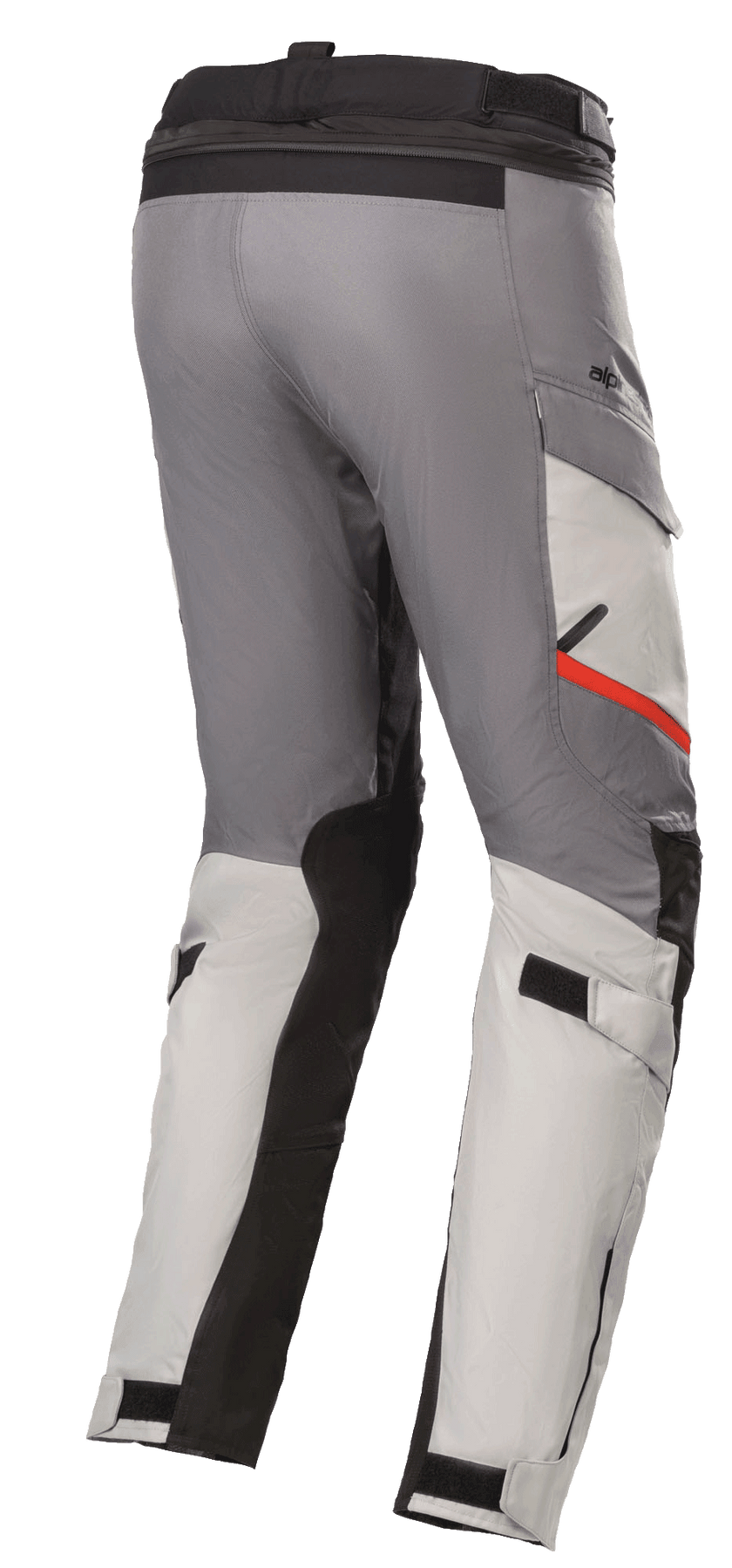 Alpinestars Andes V3 Drystar® Pants, Motorcycle Touring Pants, Ice Gray and Dark Gray, featuring black reinforcement panels and a red accent on the pocket, adjustable waist and calf straps, durable textile construction for adventure riding