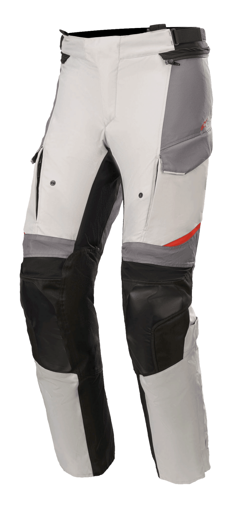 Alpinestars Andes V3 Drystar® Pants, Motorcycle Adventure Touring Pants, Ice Gray and Dark Gray with black accents, featuring reinforced knee panels, cargo-style pockets, and adjustable waist strap, durable textile material with red details