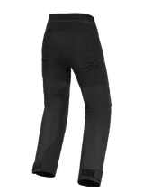 Alpinestars Woman Stella Andes V4 Drystar® Pants, black adventure-touring motorcycle pants, rear view showing reinforced seat and inner leg panels, high-waist design, and adjustable ankle cuffs.