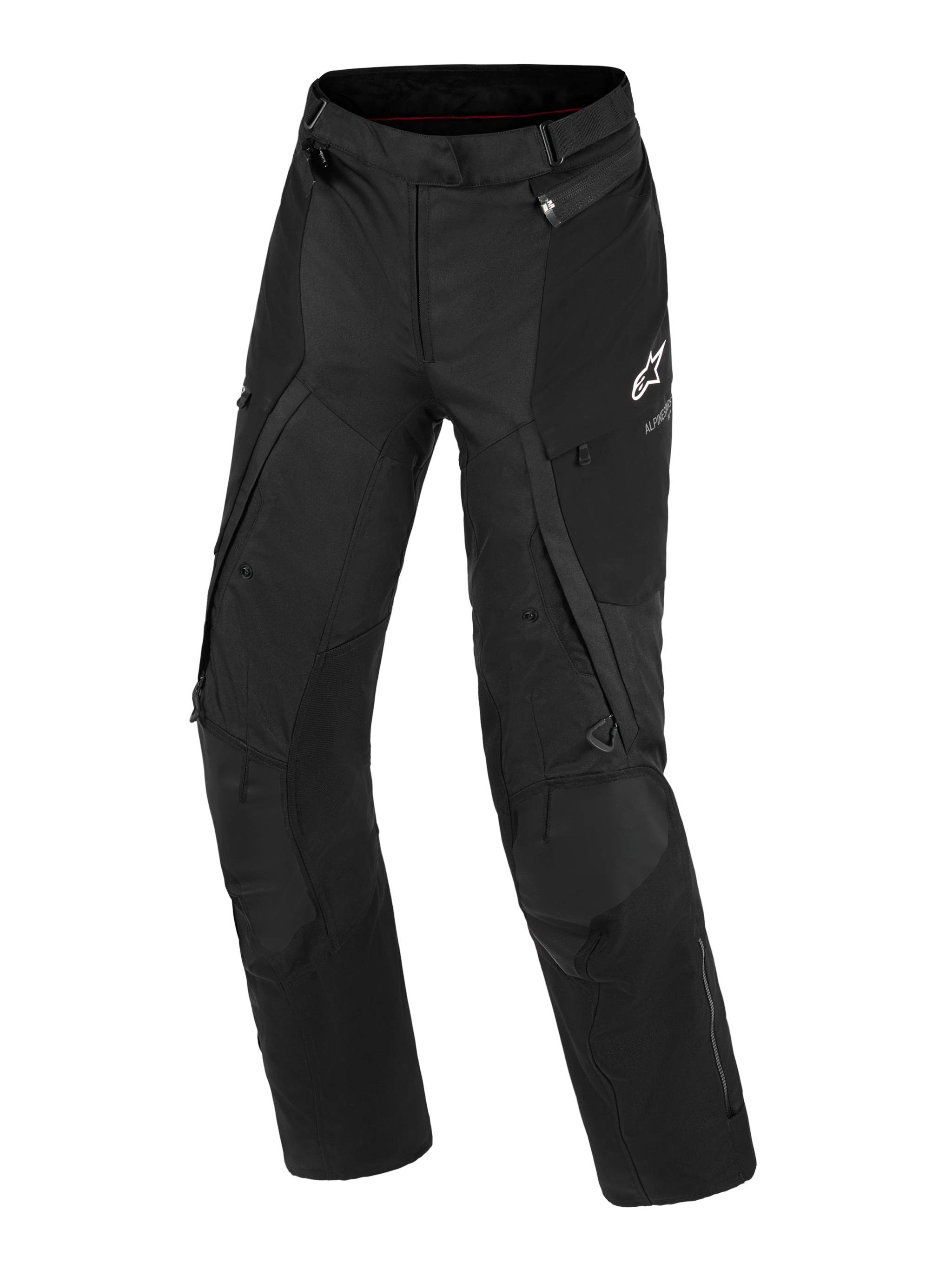 Alpinestars Stella Andes V4 Drystar® Pants, Women's Adventure Motorcycle Pants, Black, front view showing technical textile construction, white Alpinestars logo on the left thigh, cargo pockets, and ventilation zippers, durable all-weather riding gear