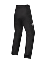 Alpinestars Honda Woman Stella St-1 Waterproof Pants, Black motorcycle pants, rear three-quarter view featuring the white Honda wing logo on the right thigh, durable textile construction with articulated knees and ankle adjusters, designed for touring and adventure riding