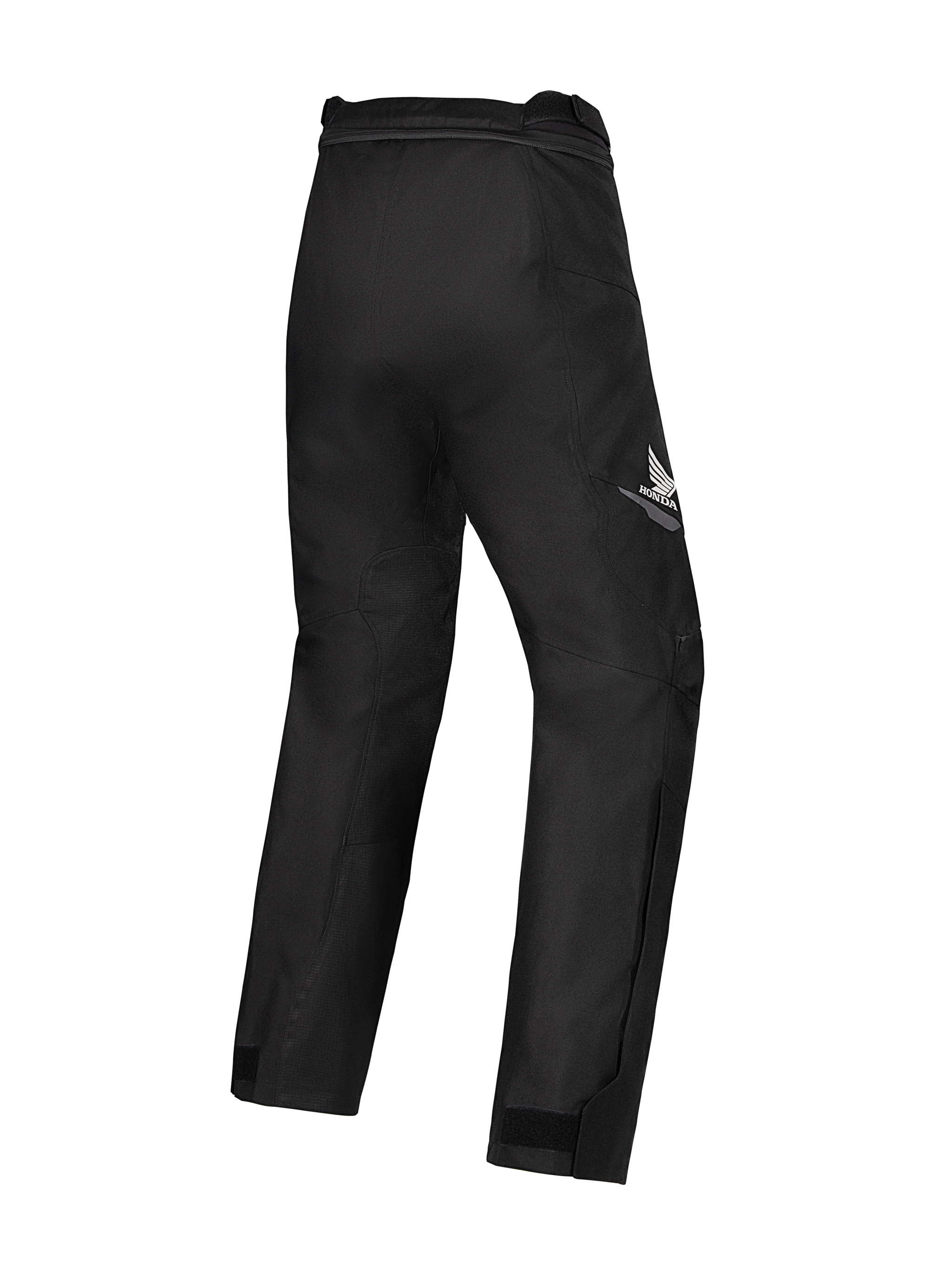 Alpinestars Honda Woman Stella St-1 Waterproof Pants, Black motorcycle pants, rear three-quarter view featuring the white Honda wing logo on the right thigh, durable textile construction with articulated knees and ankle adjusters, designed for touring and adventure riding
