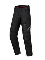 Alpinestars Honda Stella ST-1 Waterproof Pants, Black Women's Motorcycle Touring Pants, Red Interior Waistband Lining, Two Vertical Zippered Thigh Pockets, Alpinestars Logo on Leg, Durable Textile Adventure Gear