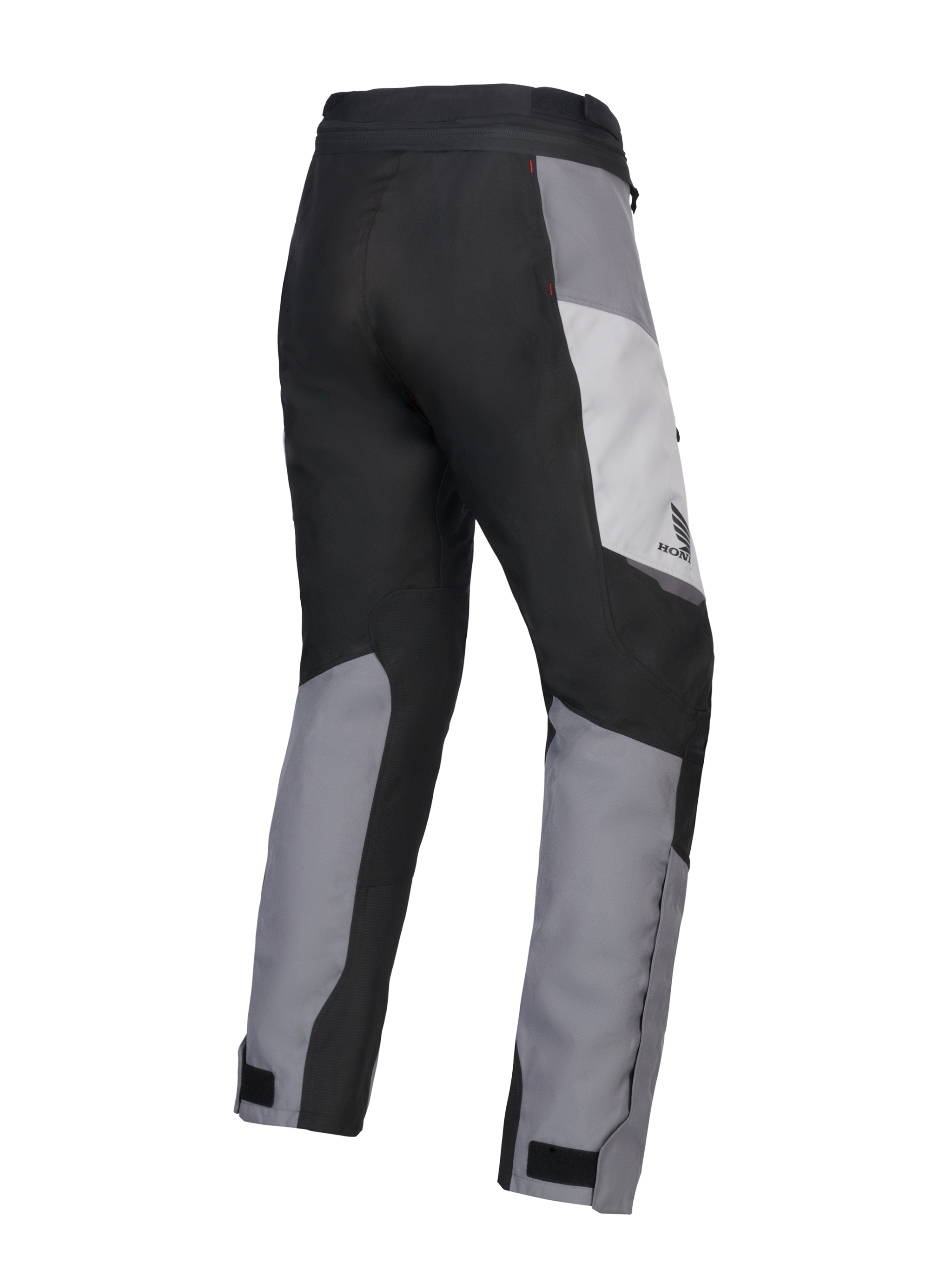 Alpinestars 2025 Honda Woman Stella ST-1 Waterproof Pants, Women's Motorcycle Touring Pants, Ice Gray Dark Gray and Black, rear three-quarter view showing durable textile construction, gray and black color-blocked panels, Honda branding on the hip, and adjustable ankle closures.