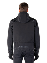 Alpinestars Mootant Waterproof Parka, Black Motorcycle Jacket, rear view showing hooded design, featuring small Astar logo on the shoulder and MO.ST.EQ. reflective branding on the lower back
