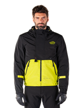 Alpinestars Mootant Waterproof Parka, Motorcycle Touring Jacket, Lime Punch and Black, hooded two-tone design with bright yellow lower torso and black upper body, yellow sleeve straps, logo on chest, technical modular style